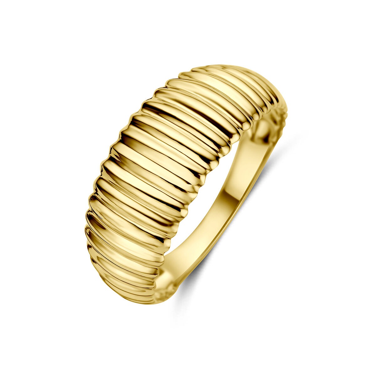 Geelgouden ring van 9k met een golvende, geribbelde structuur en een breedte van 8 mm.