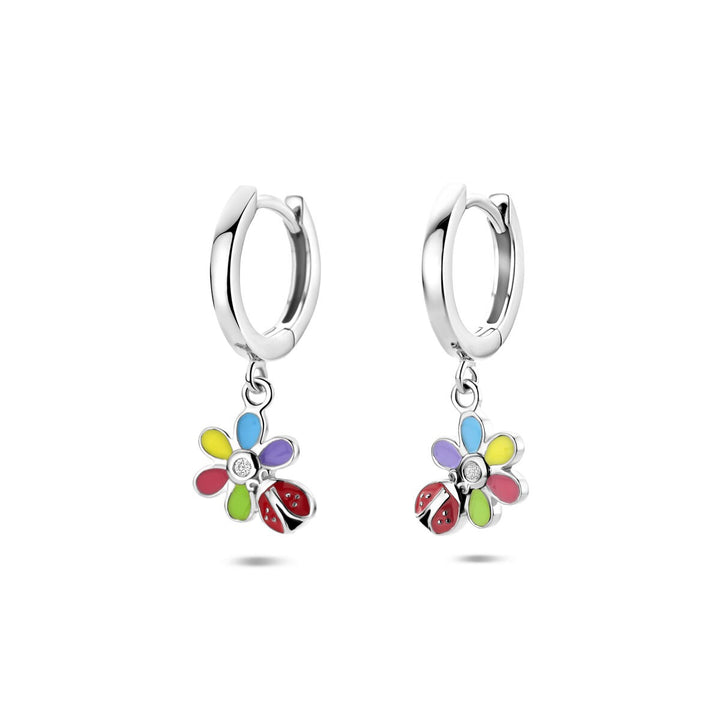 Zilveren kinder oorringen met bloem, zirkonia en lieveheersbeestje – Kinder Oorbellen