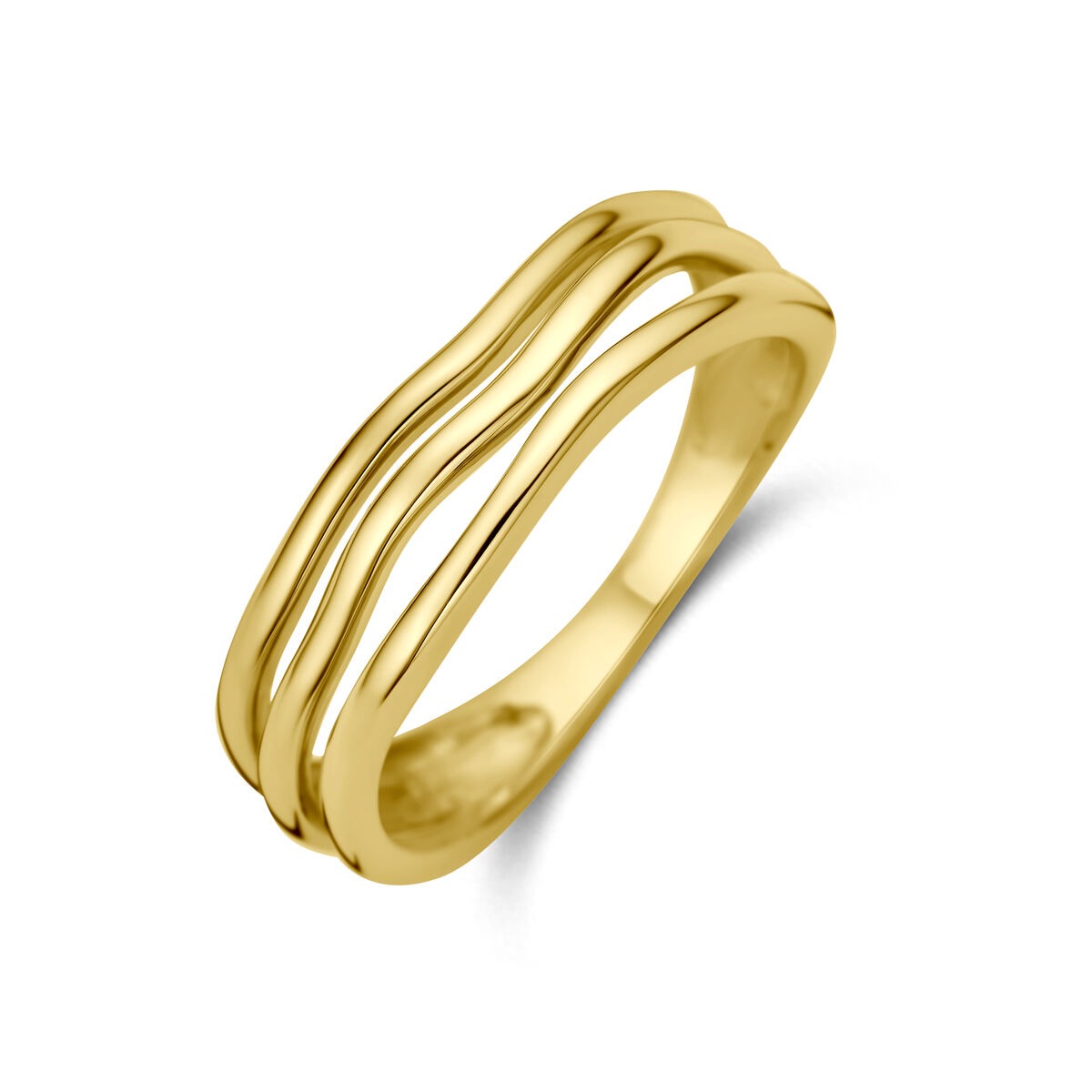 Geelgouden damesring van 14k met een golvende, moderne vorm en een breedte van 5,5 mm.