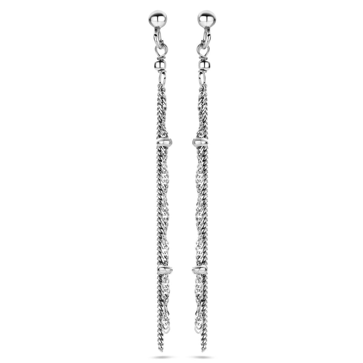 Zilveren gerhodineerde oorhangers met een lange, kettingachtige structuur en bolle sluitingen.