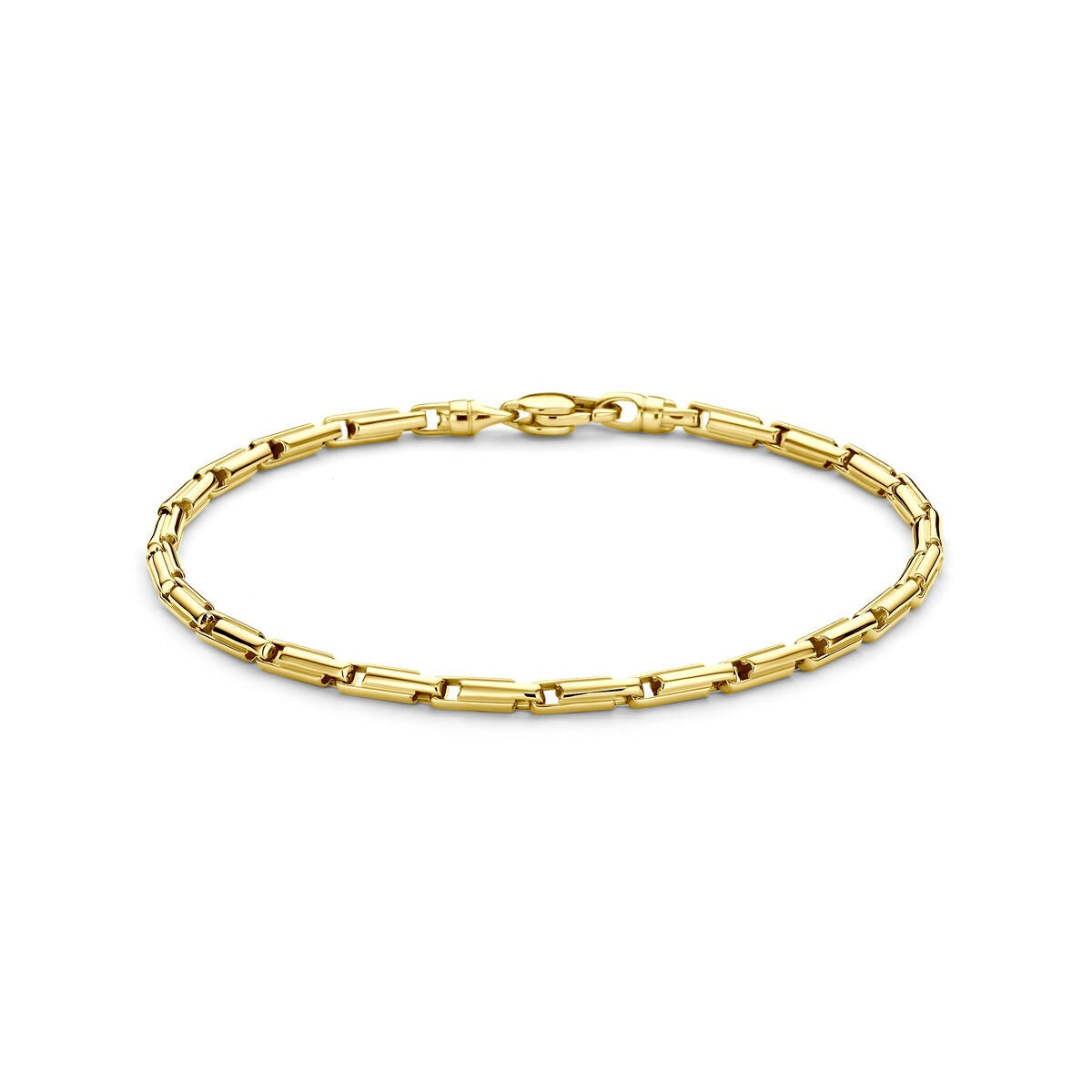 Geelgouden heren armband met verfijnde 3 mm schakel en karabijnsluiting.