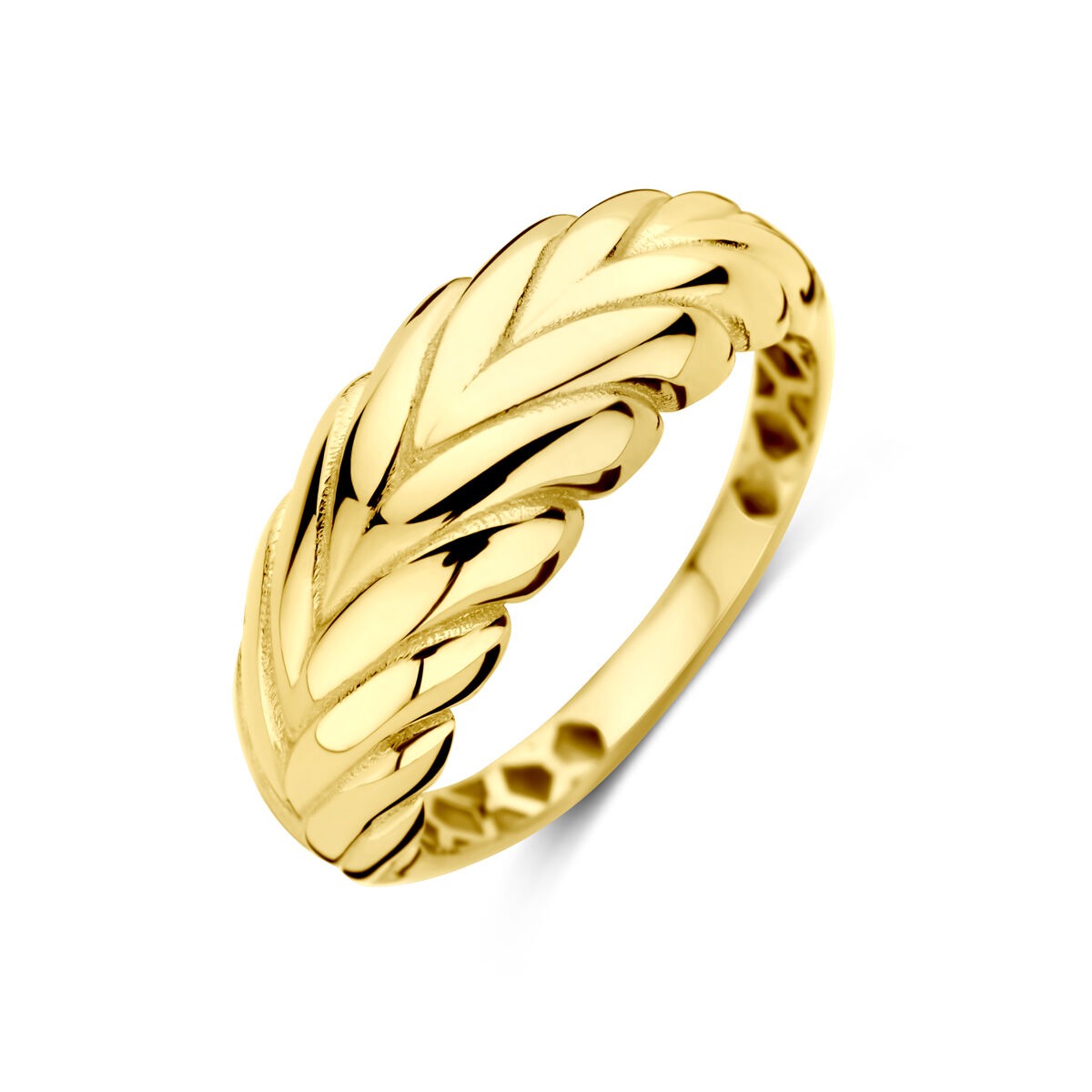 Geelgouden ring met een gevlochten ontwerp en glanzende afwerking.
