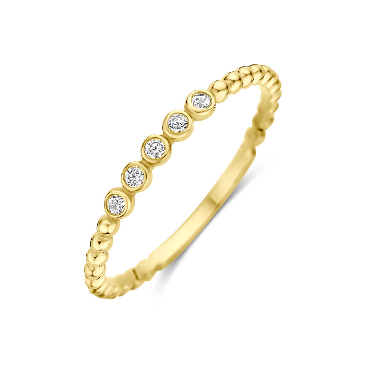 Geelgouden ring met een bolletjesdesign en vijf zirkonia's in een entourage.