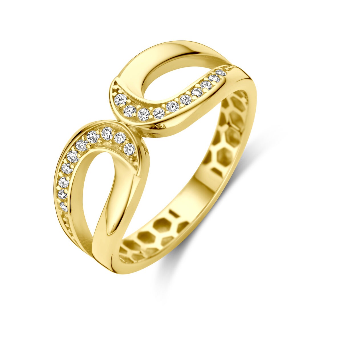 Geelgouden ring met een golvende vorm en zirkonia-steentjes aan de bovenkant.