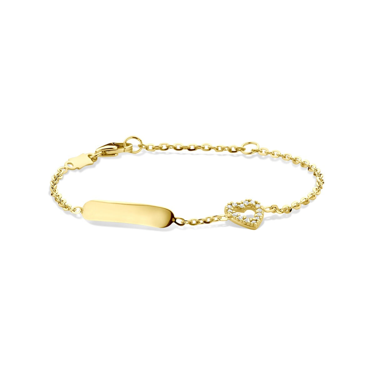 Geelgouden graveerarmband met een hartje en een zirkonia, met een fijne schakelketting.