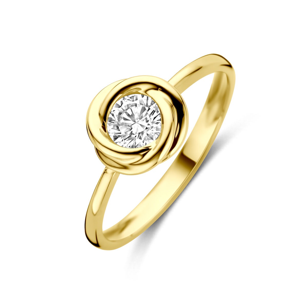 Geelgouden damesring met een ronde zirkonia in een klassiek, geknoopt design.