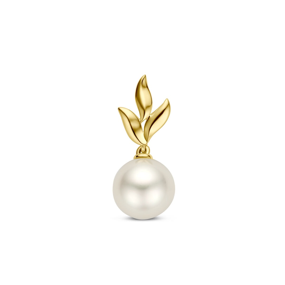 Geelgouden hanger met een grote parel en bladeren als opvallend detail.