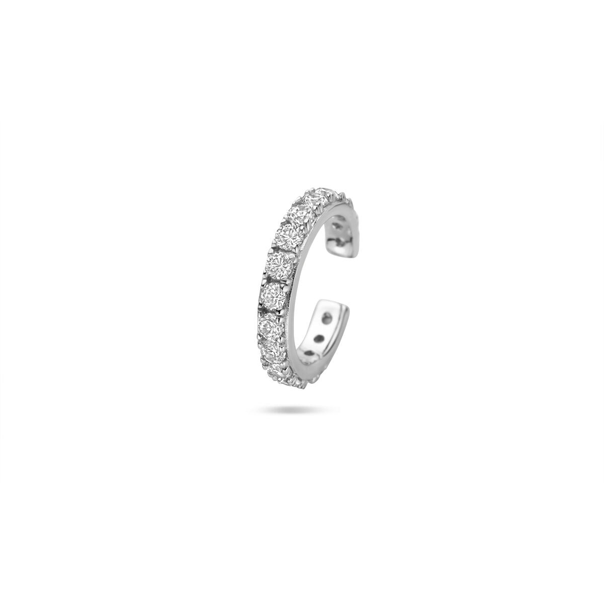 Zilveren ear cuff van gerhodineerd 925 zilver met zirkonia, afmetingen 14.5x2.5 mm.