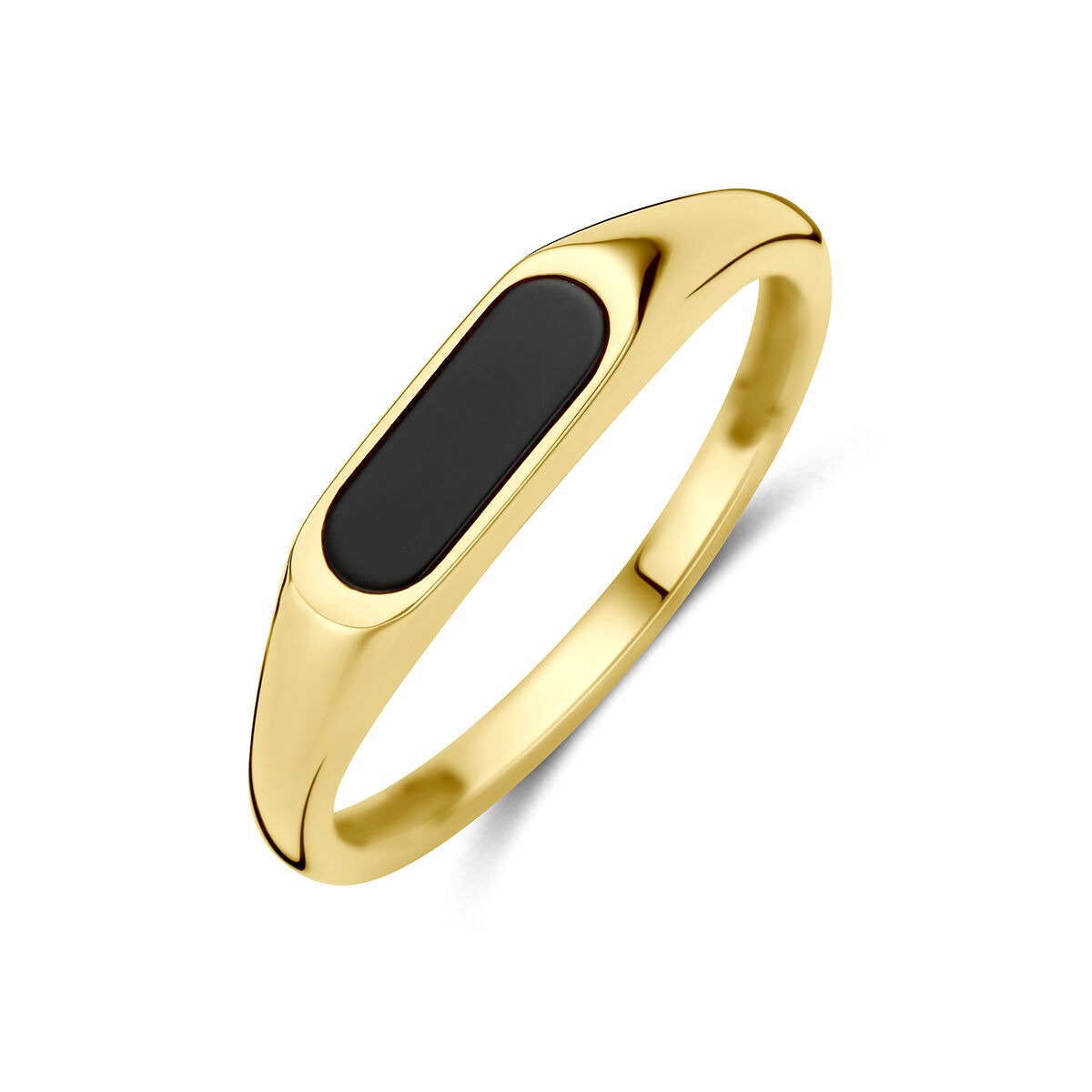Geelgouden ring met een gladde, rechthoekige onyx steen in het midden.