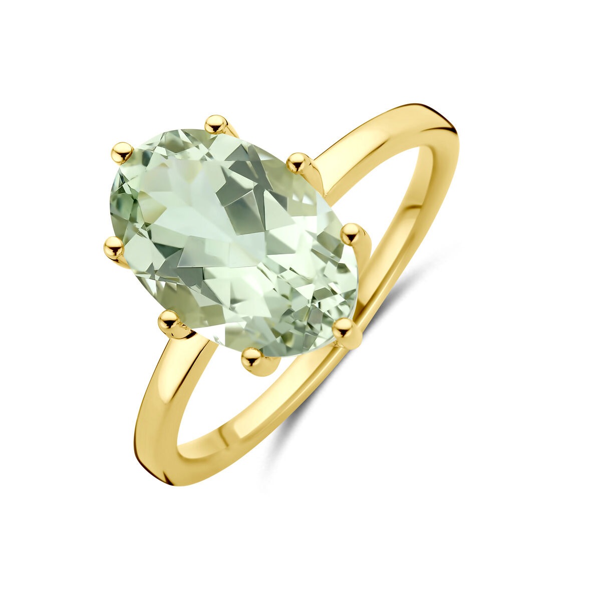 Geelgouden ring met een ovale groene amethist, gezet in zes klauwen.