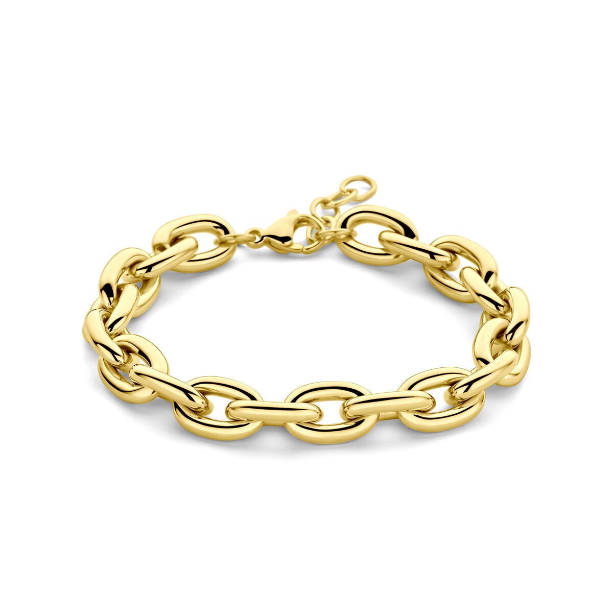 Goudkleurige stalen anker armband met schakels en een karabijnsluiting, lengte 18-20 cm.