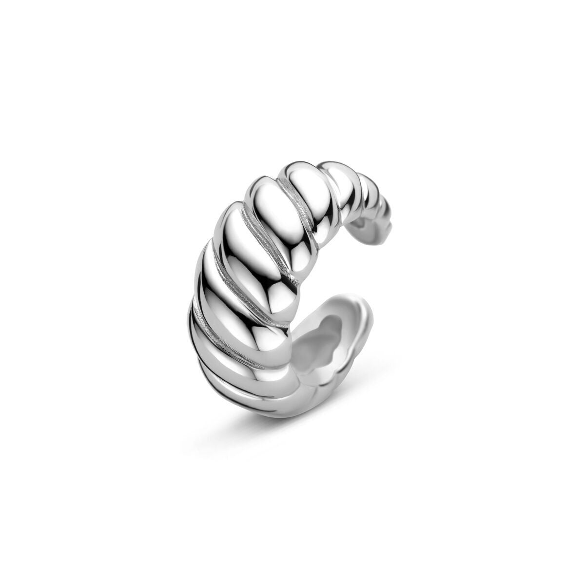 Zilveren gerhodineerde ear cuff met een golvende structuur, afmetingen 13.5x6mm.