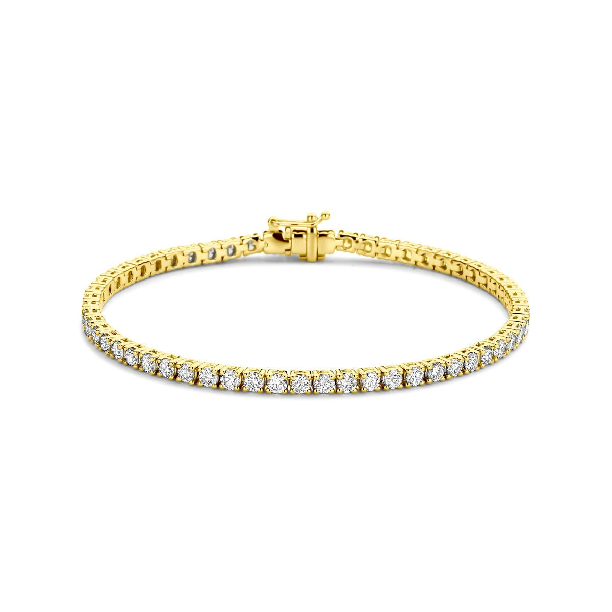 Geelgouden tennisarmband met 4.00ct lab grown diamanten, met een glanzende afwerking en een sluiting.