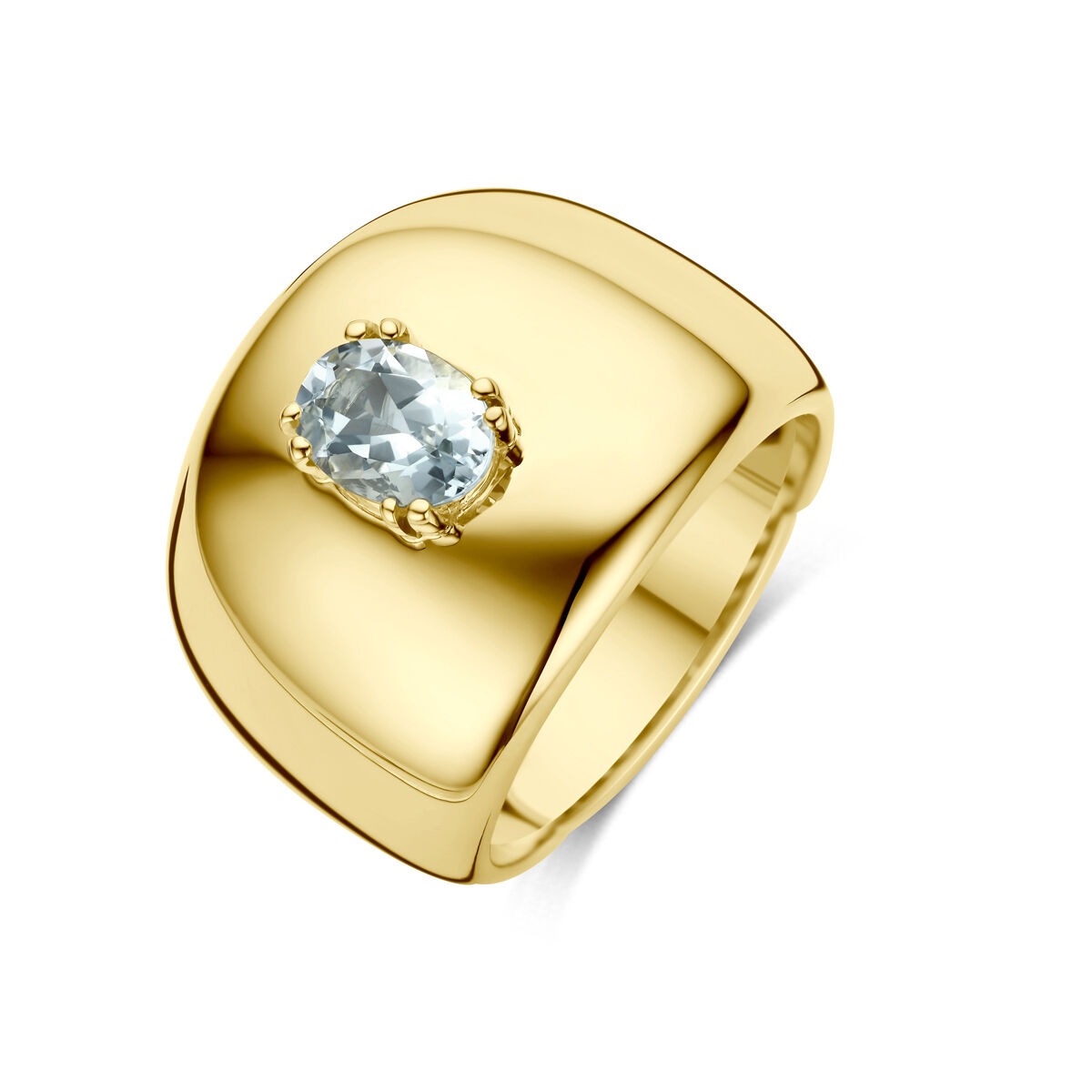 Geelgouden ring met een ovale aquamarijn in een stevige zetting.
