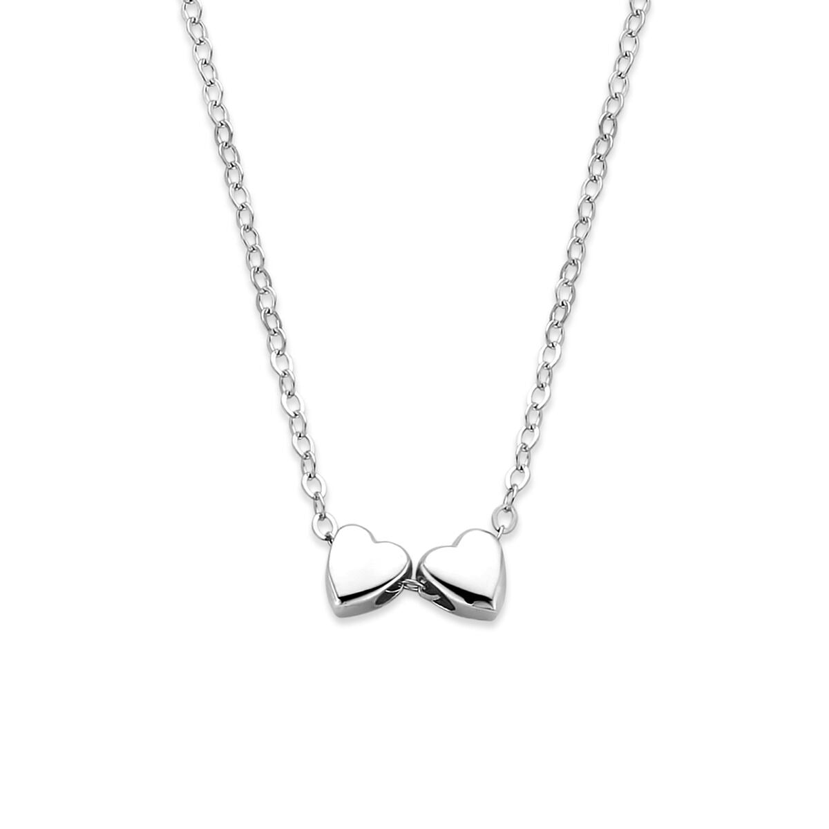 Gerhodineerd zilveren collier met twee glanzende hartjes aan een fijne ketting.