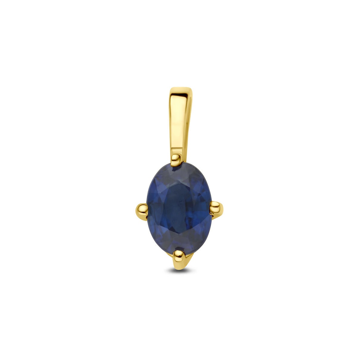 Geelgouden hanger met een ovale saffier in een vier-punt zetting.