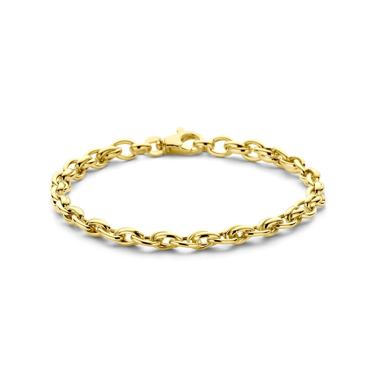 Geelkleurige armband van 9k goud met fantasie schakels, lengte 19 cm.