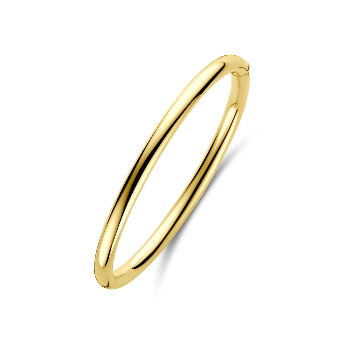 Geelgouden dames bangle armband van 14k, 5 mm breed met een gladde, ronde afwerking.