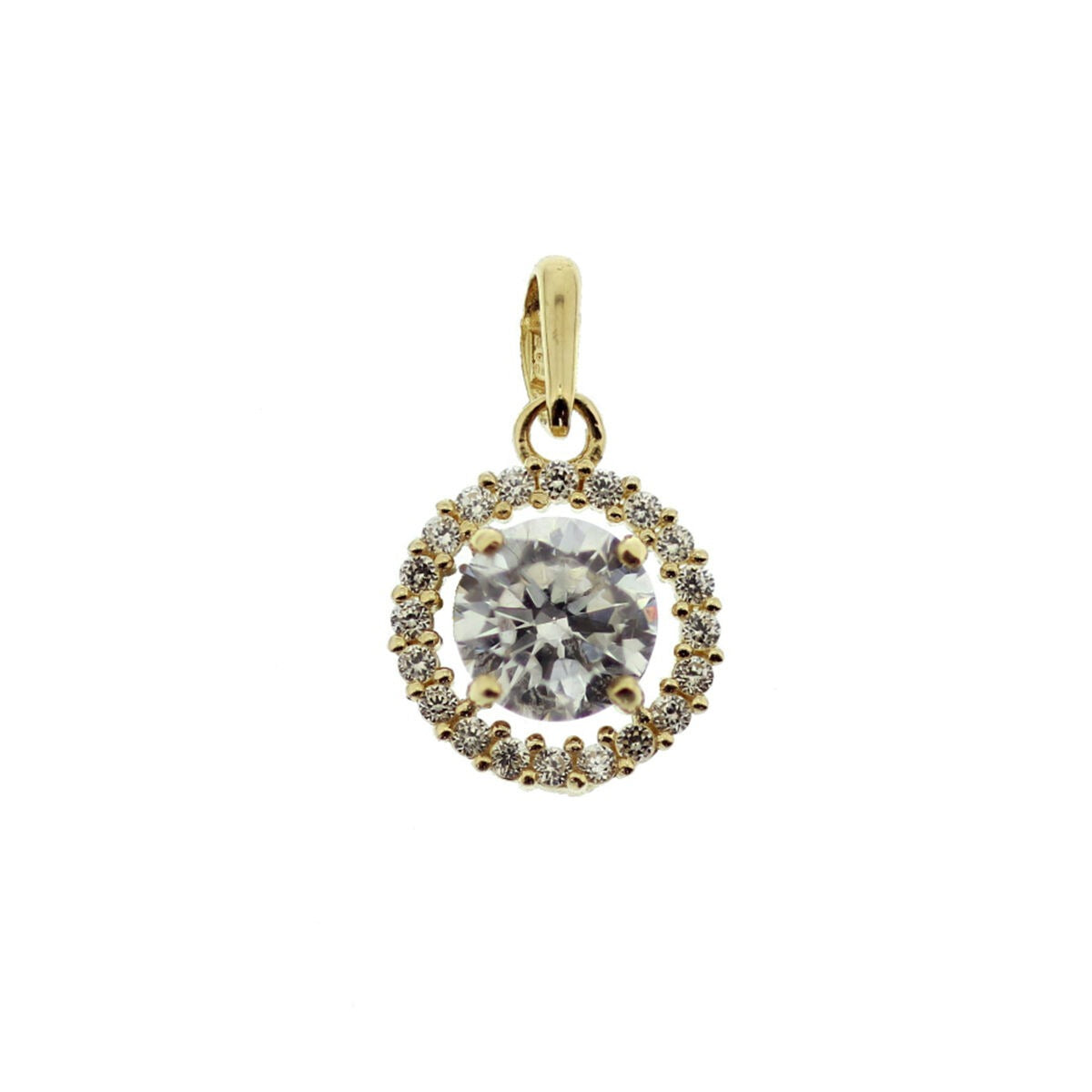 Geelgouden hanger met een grote zirkonia in het midden, omringd door kleinere zirkonia's in entourage stijl.
