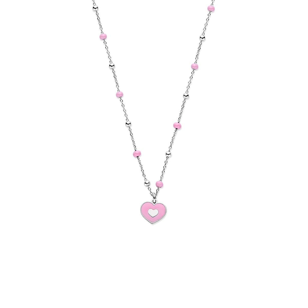 Zilveren ketting met gerhodineerde afwerking, versierd met roze kralen en een hartje met een wit hartje erin.