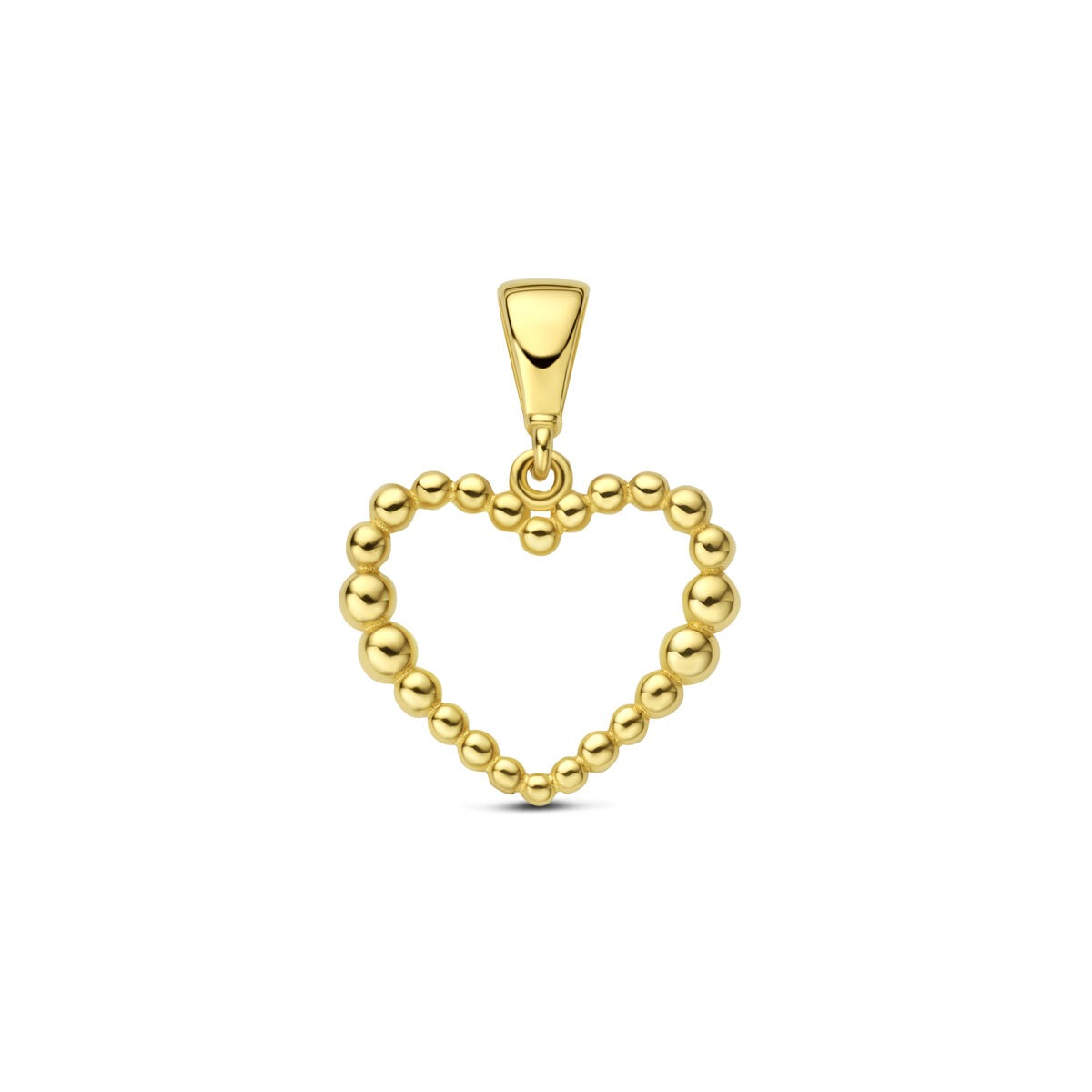 Geelgouden hart hanger met bolletjesstructuur en een glanzende afwerking.