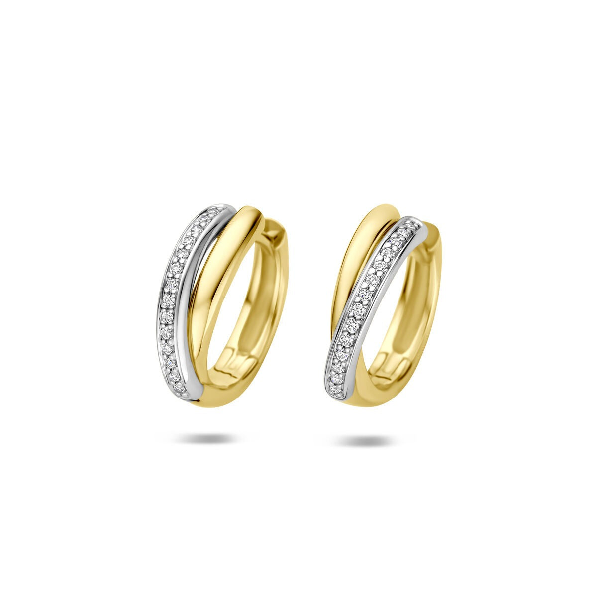 Bicolor klapoorringen van 14k goud met een glanzende gele en witte afwerking, versierd met diamanten.
