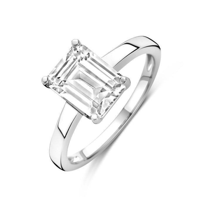 Gerhodineerd zilveren ring met baguette geslepen zirkonia 9x7mm