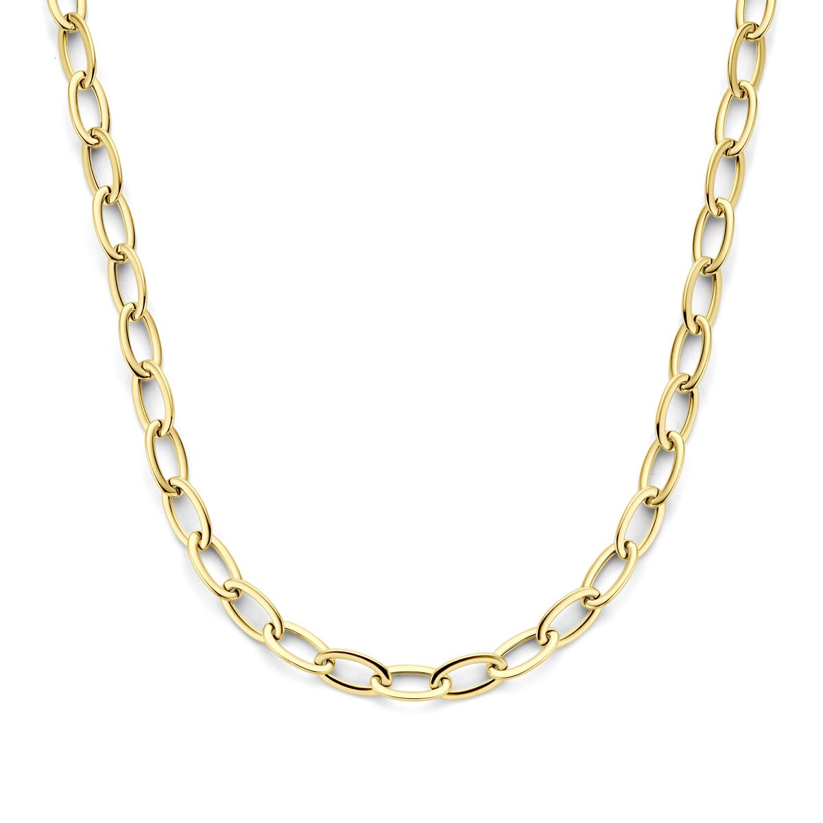 Geelgouden ankerketting met een karabijnsluiting en ovale schakels.