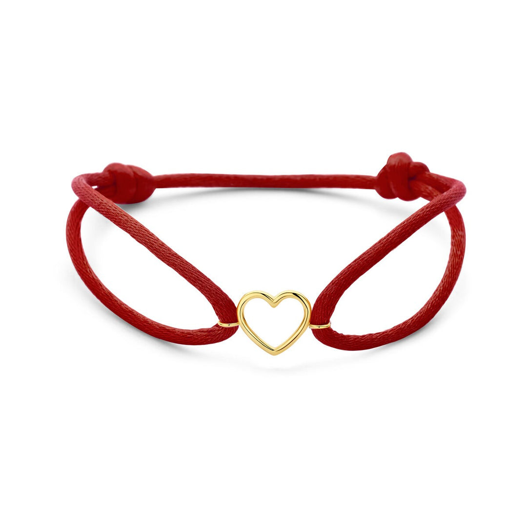 Rood satijn armband met 14k geelgouden hartje