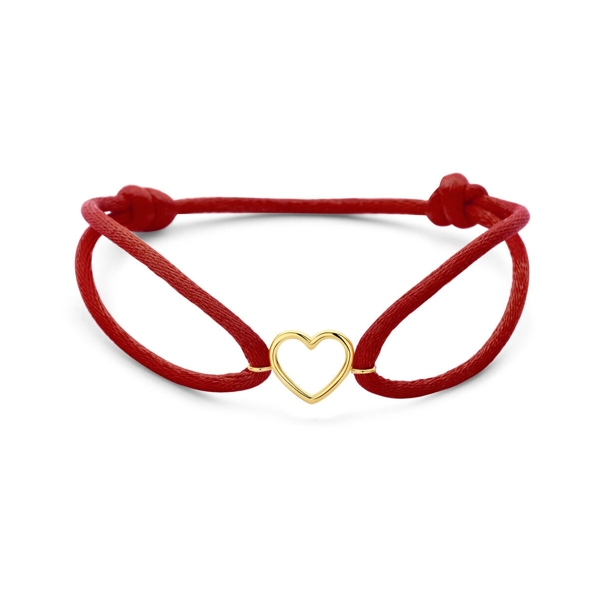 Rood satijnen armband met een 14k geelgouden hartje in het midden.