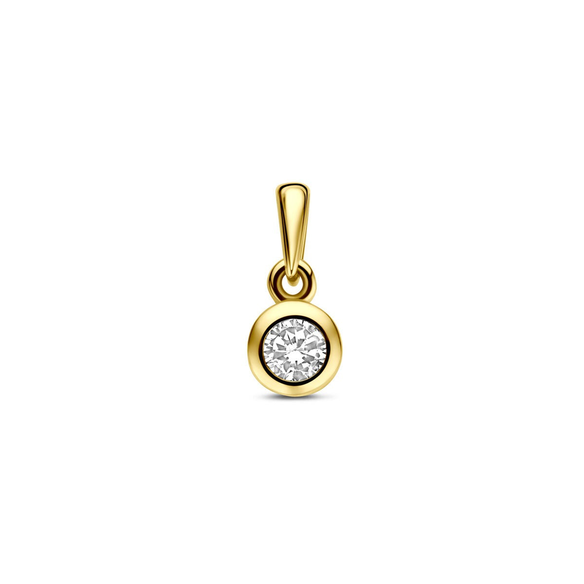 Geelgouden hanger van 14k met een ronde zirkonia, diameter 11 mm.