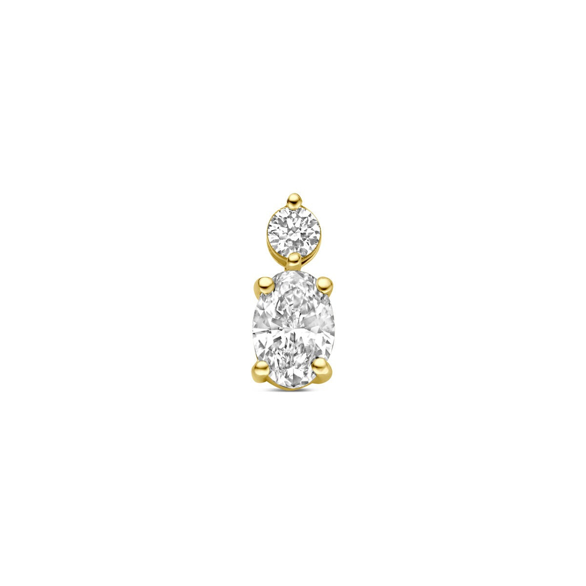Geelgouden hanger met twee lab grown diamanten, één ovaal en één rond, in een eenvoudige setting.