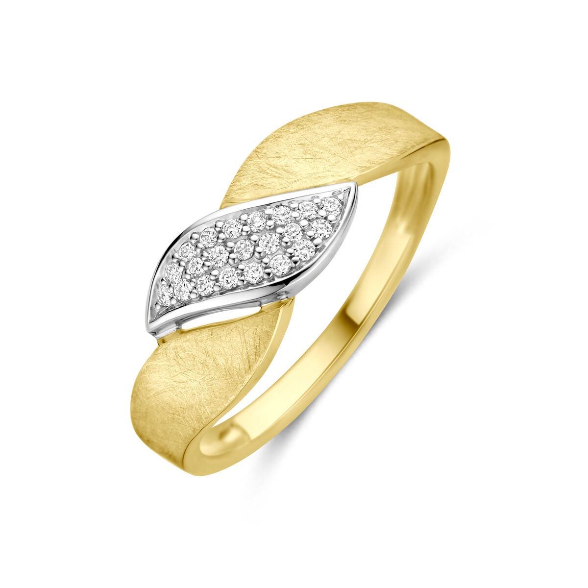Bicolor gouden ring met een matte afwerking en een glanzend deel bezet met 0.08 ct diamanten.