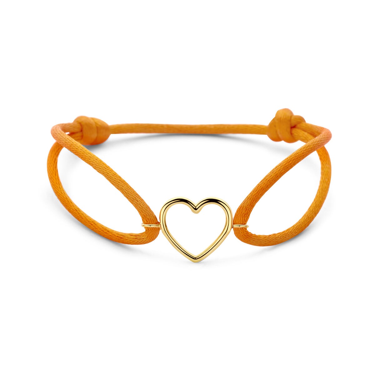 Oranje satijnen armband met een 14k geelgouden hartje als opvallend detail.