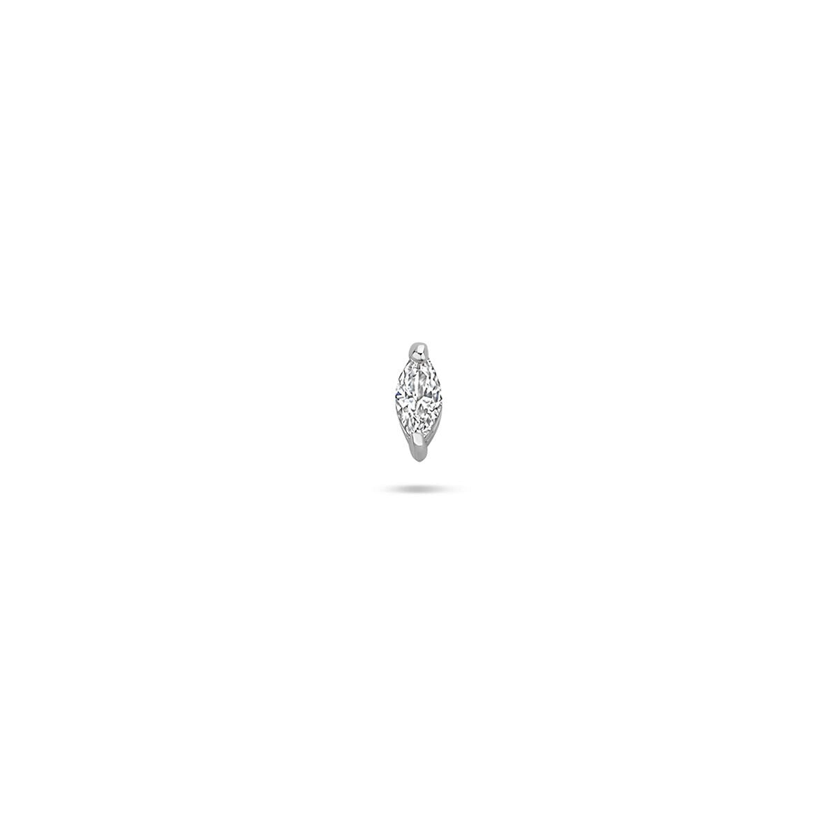 Zilveren flat back piercing met markies zirkonia, gerhodineerd, in de vorm van een blad.