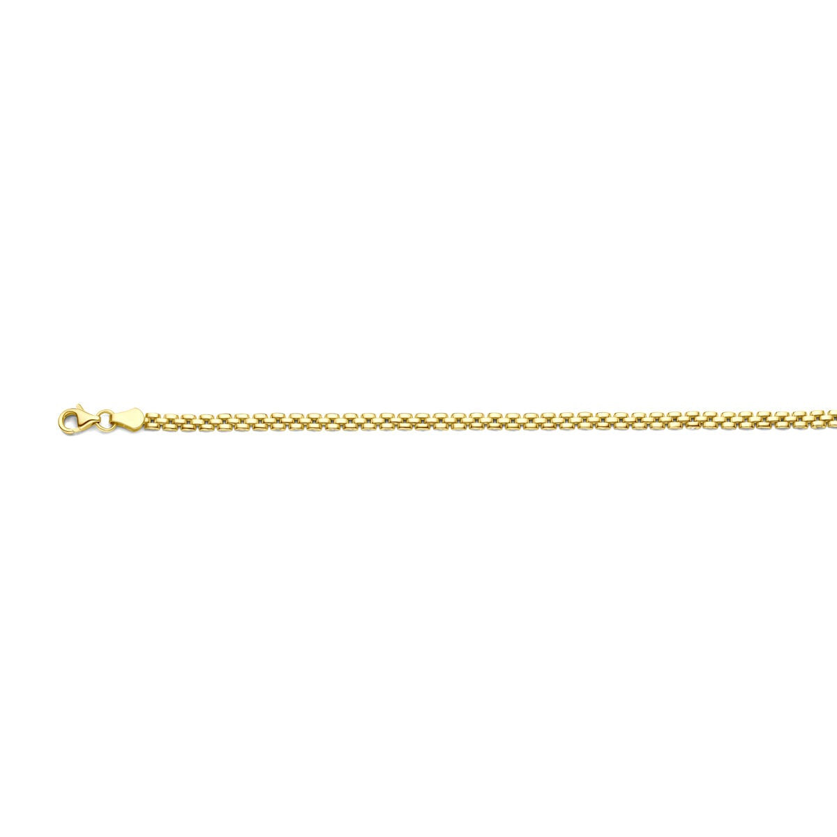 Gouden panter armband van 14k, 3 mm breed met een gevlochten ontwerp en een karabijnsluiting.