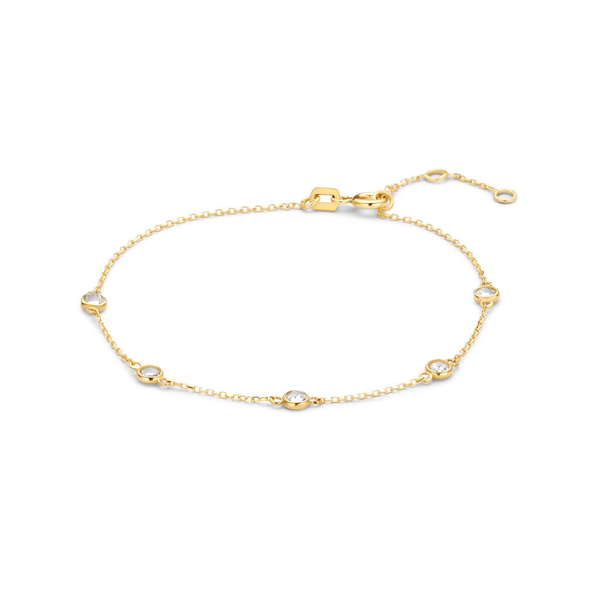 9k geelgouden armband met een fijne schakel en zirkonia steentjes in ovale zettingen.
