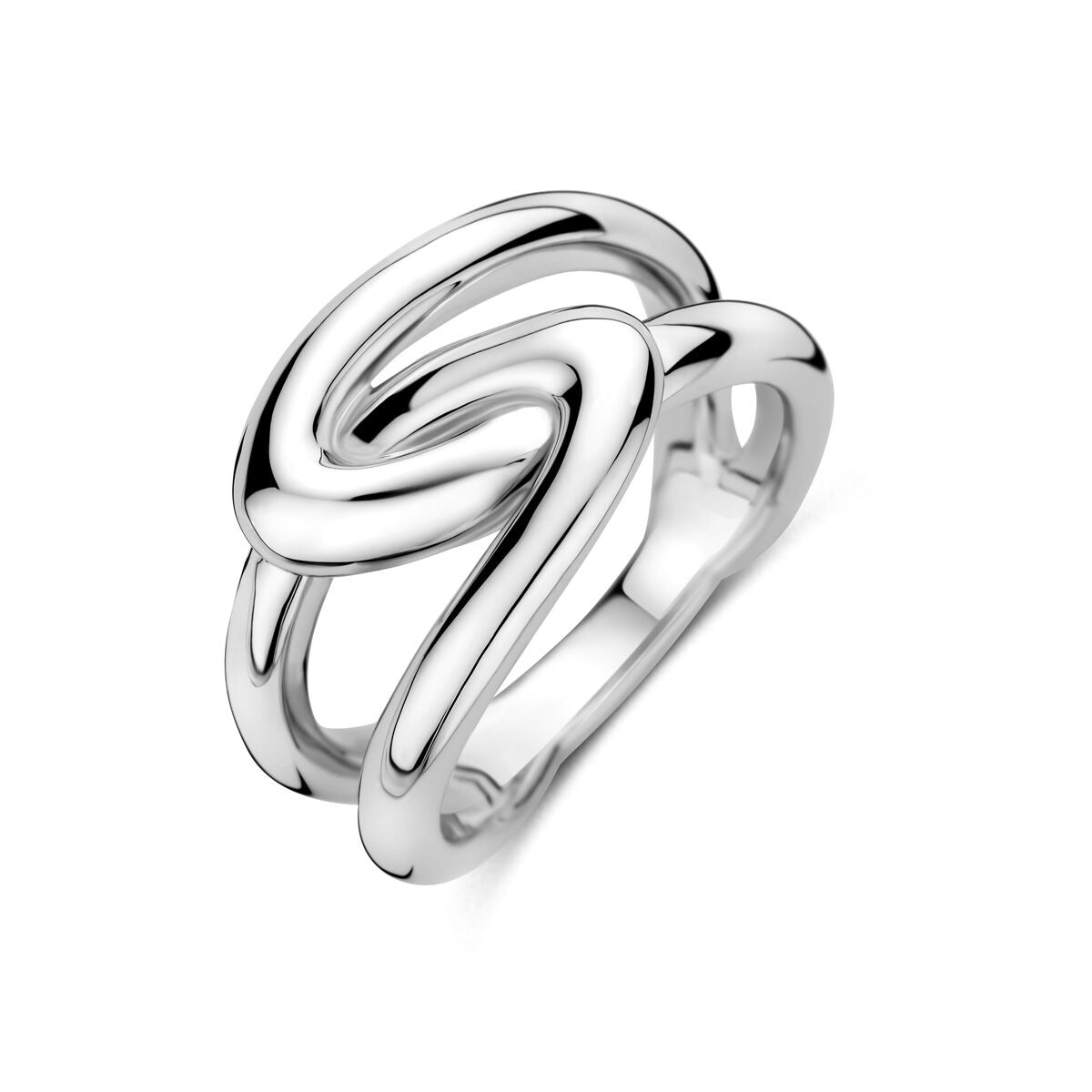 Zilveren damesring van gerhodineerd 925 zilver met een moderne, golvende vorm en een breedte van 12 mm.