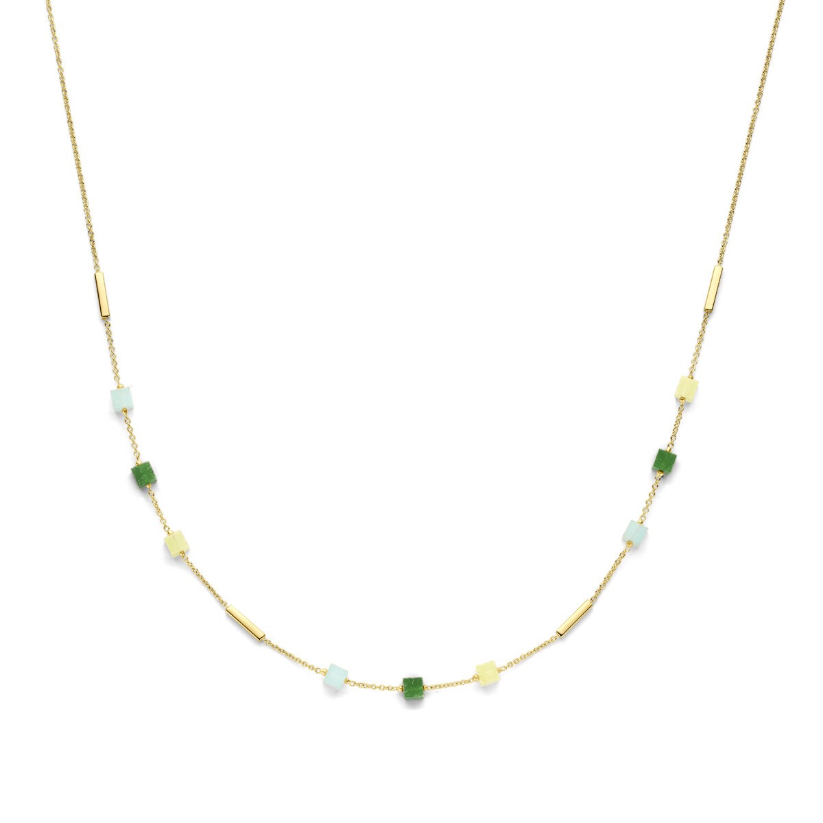 Gouden collier van 14k met blauwe en groene kwartsiet, voorzien van een delicate schakelstructuur.