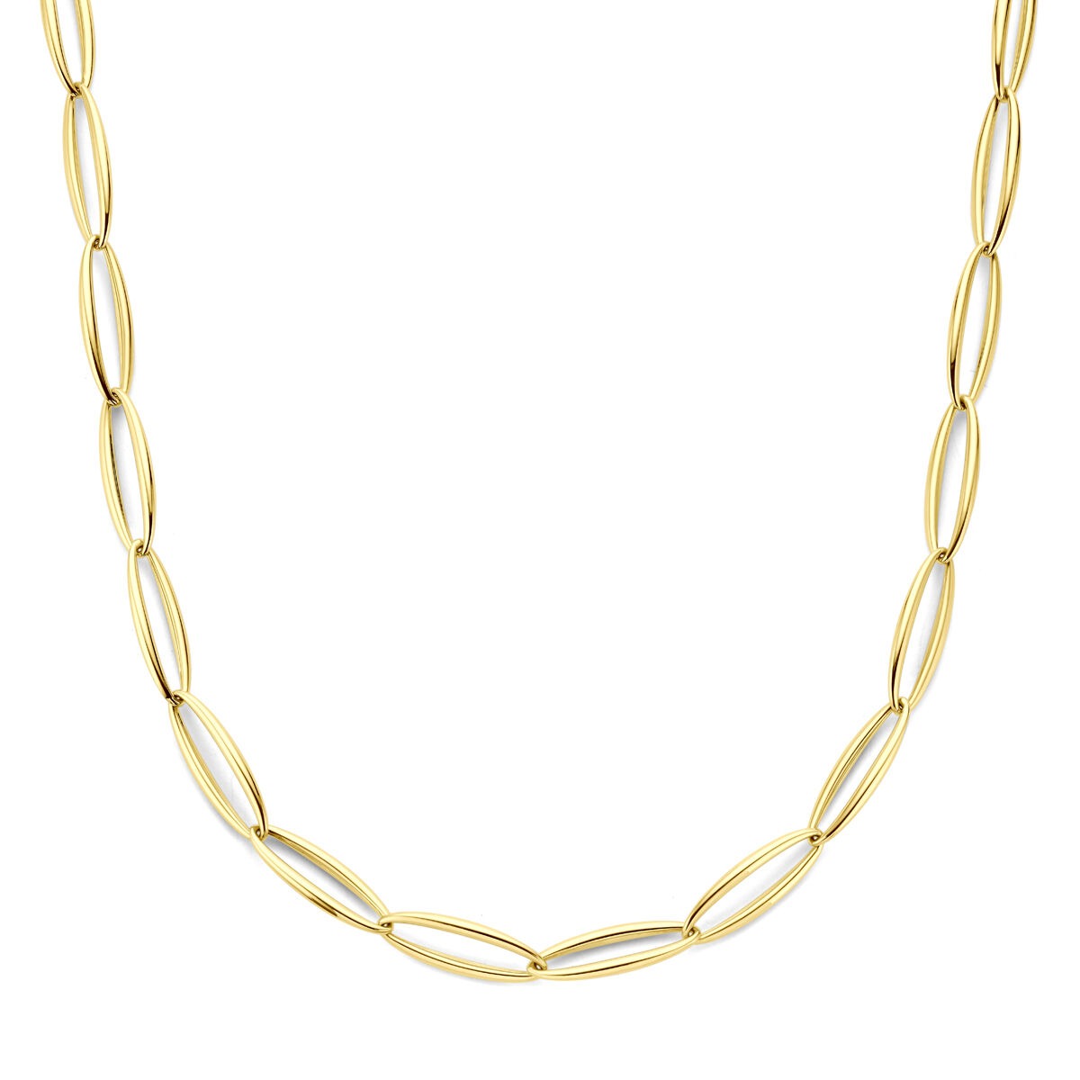 Geelgouden dames collier met een breedte van 9,5 mm en een lengte van 45 cm, bestaande uit ovale schakels.