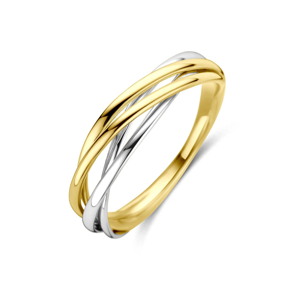 Bicolor damesring van 14k geel- en witgoud, 5mm breed met een gedraaide vorm.