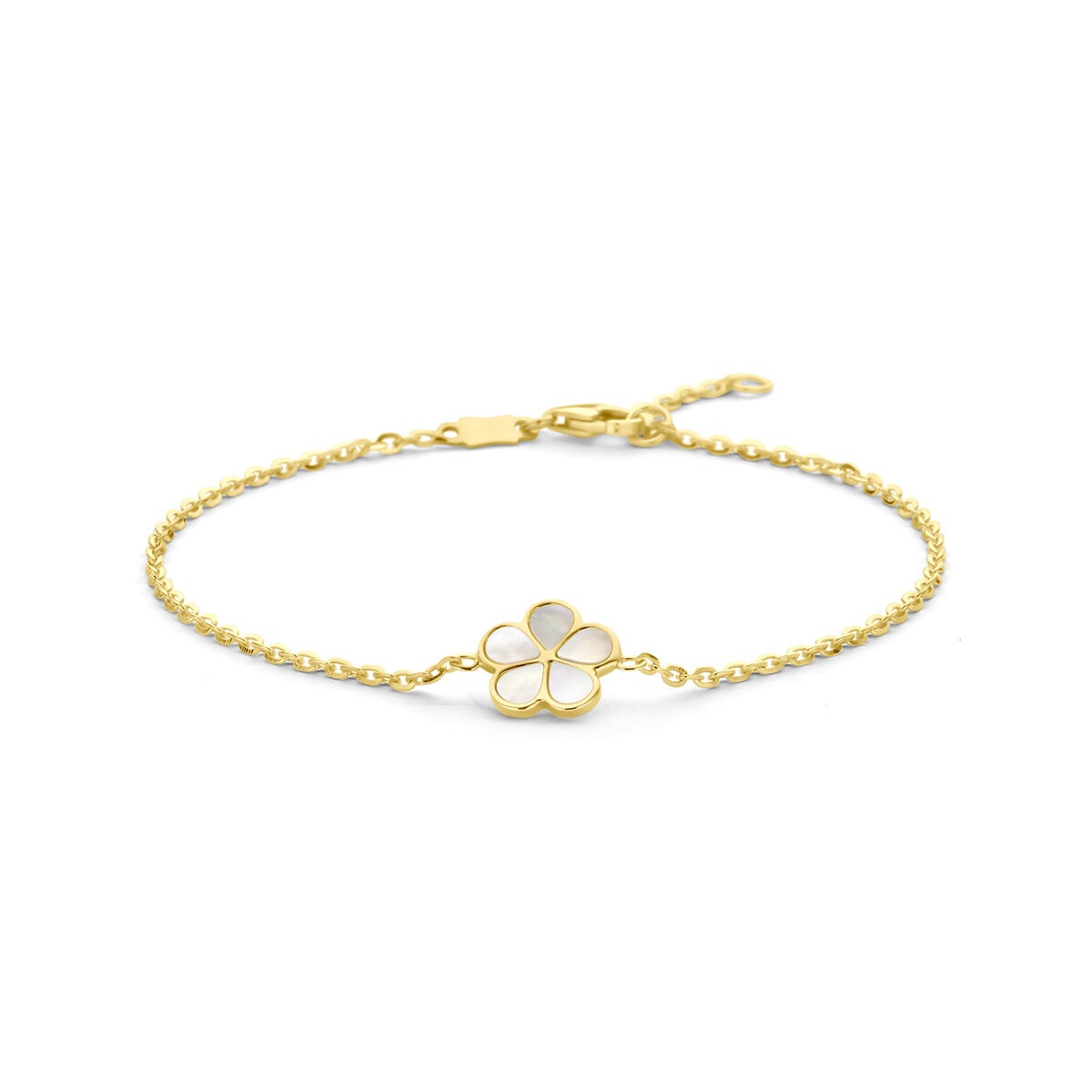 Gouden dames armband van 14k met een parelmoeren bloem in het midden.