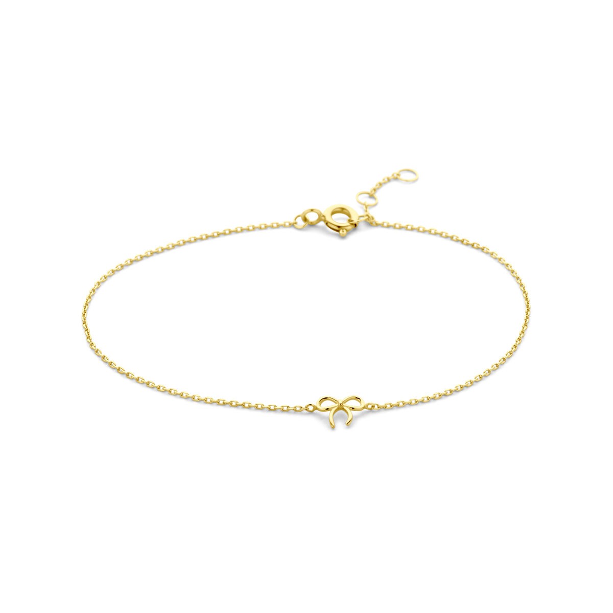 Geelgouden armband met een strikmotief en een fijne schakelketting.