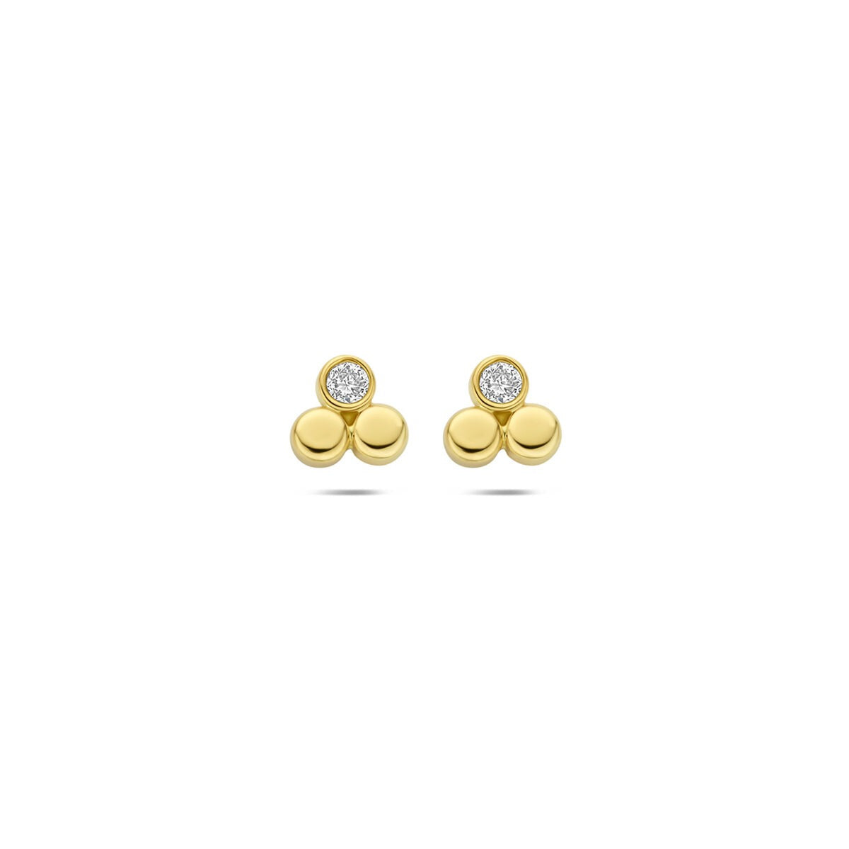 Geelgouden oorknoppen met twee ronde schijven en een lab grown diamant van 0,13 ct.