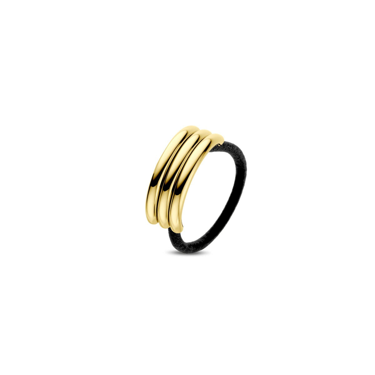 Goudkleurige stalen hair cuff met drie golvende ringen, afgewerkt met ion plating.