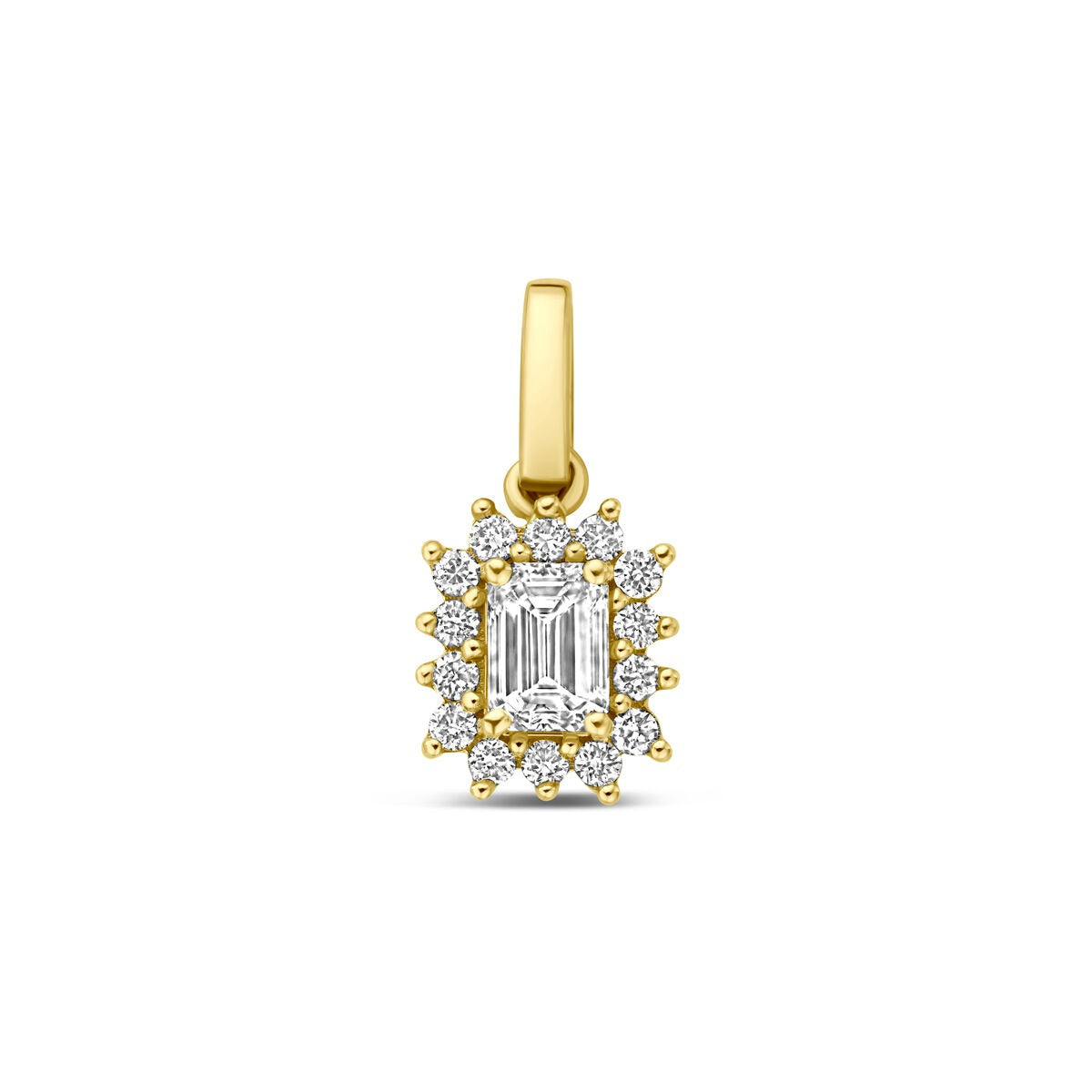 Geelgouden hanger met een lab grown diamant in een rechthoekige zetting, omringd door kleine sprankelende steentjes.