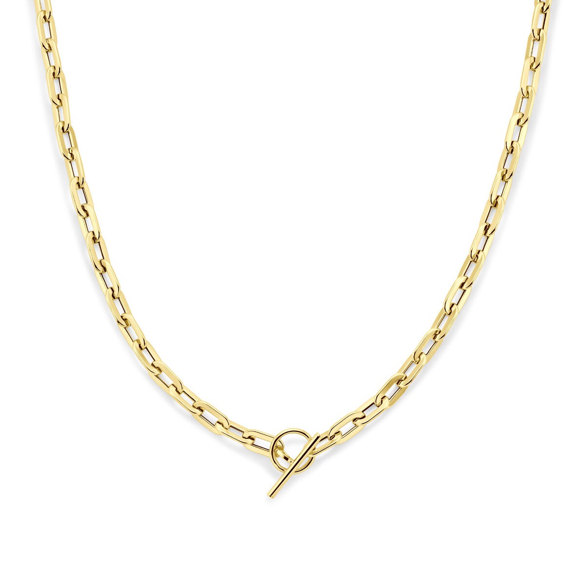 Geelgouden anker schakel collier met een sluiting in de vorm van een ring en staafje.