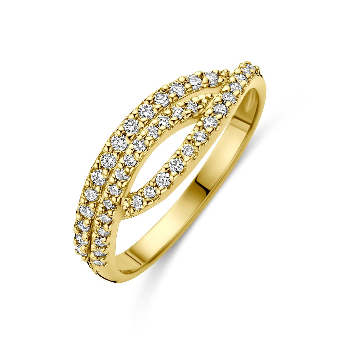 Geelgouden ring met lab grown diamant, voorzien van twee golvende rijen van kleine steentjes.