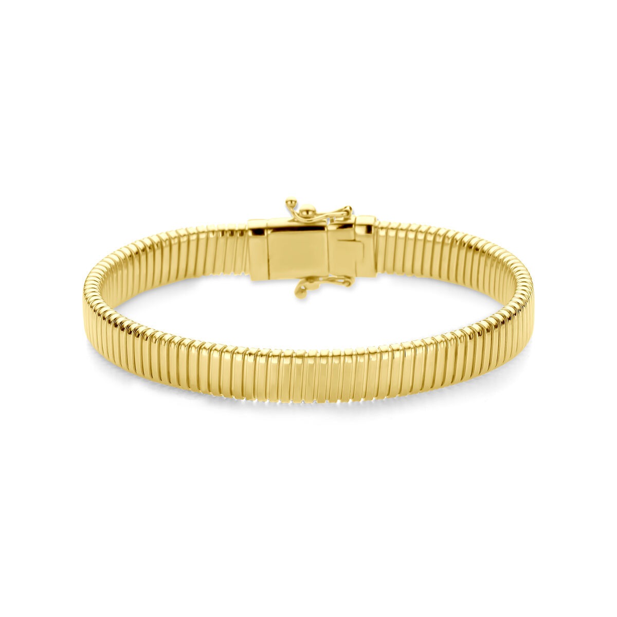 Geelgouden dames armband met tubogas schakel en een glanzende afwerking.