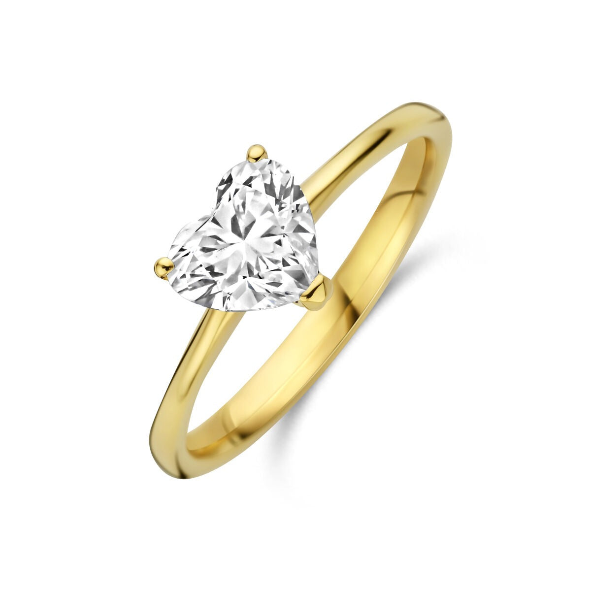 Geelgouden ring met hartvormige lab grown diamant van 1.00ct, eenvoudige setting.